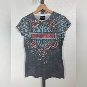 Harley-Davidson Gray Tee with Pink Floral and Blue Logo Womens Medium